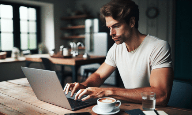 Un homme européen utilisant un ordinateur portable sur un bureau : entre productivité et créativité