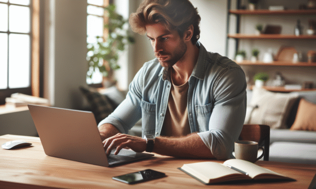 Un homme européen utilisant un ordinateur portable sur un bureau : productivité et style au travail