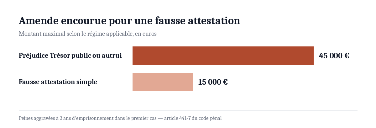 Amende maximale encourue pour une fausse attestation sur l'honneur : 15 000 euros dans le cas de base, 45 000 euros en cas de préjudice au Trésor public ou à autrui